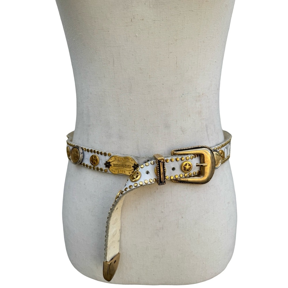 Lily Farouche Vintage 90s White Leather Studded‎ Buffalo Nickel Western Belt